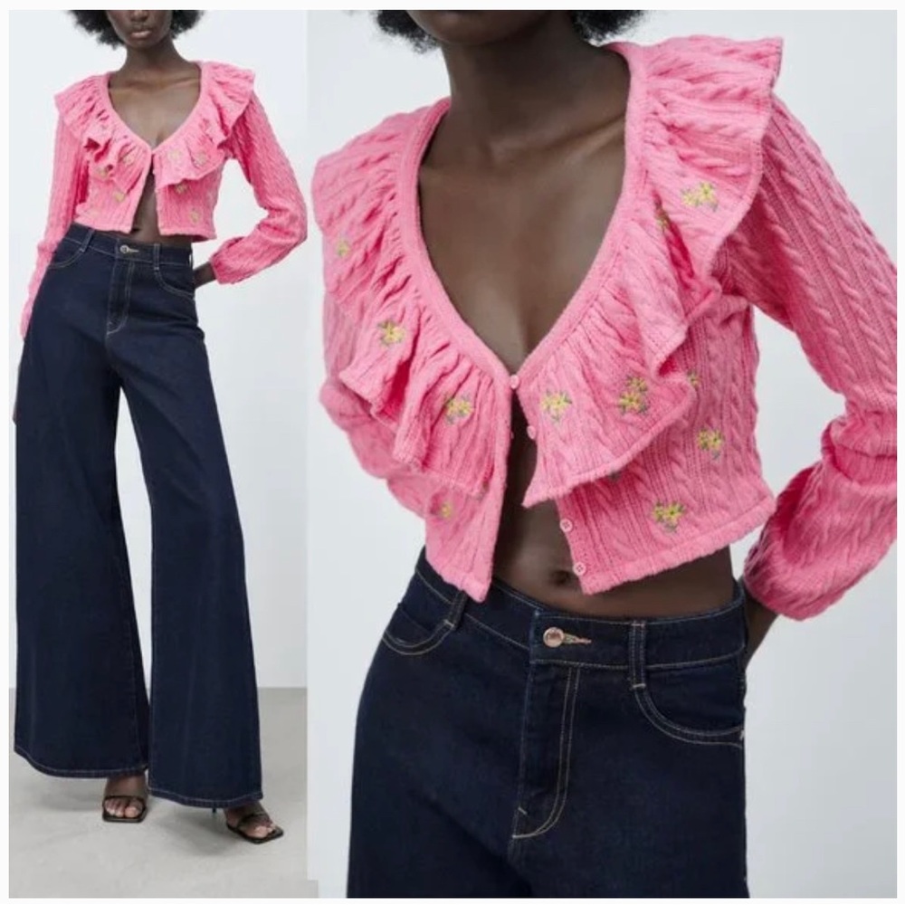 ZARA long sleeve cardigan ruffled v neckline/mini dress embroidered deta…